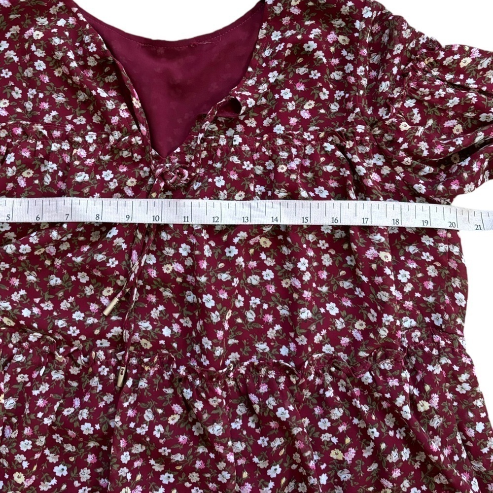 Red Floral Flowy Teared Peasant Top Women’s M Western Workwear Autumn Fall Bow - Picture 9 of 10